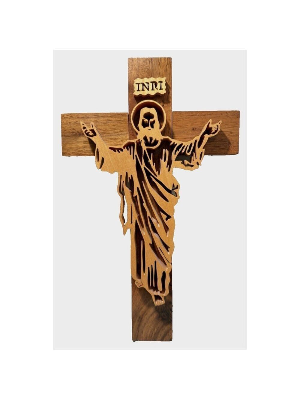 Vintage Hand Crafted Scroll Saw Fretwork Wooden INRI Cross Wall Crucifix Jesus